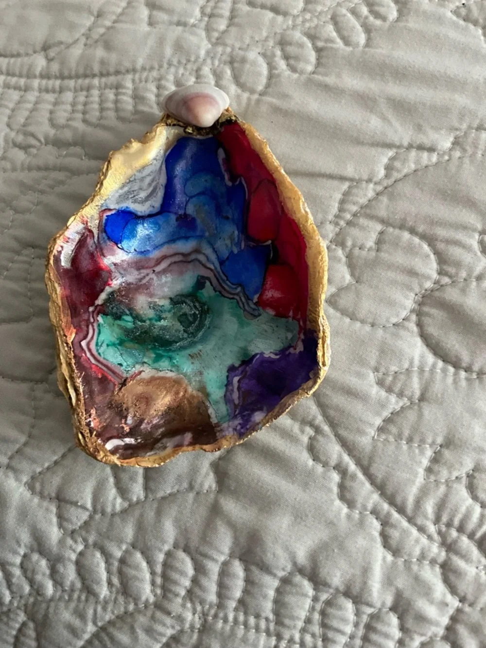 Hand-Painted Colorful Oyster Shell Dish with Gold Rim